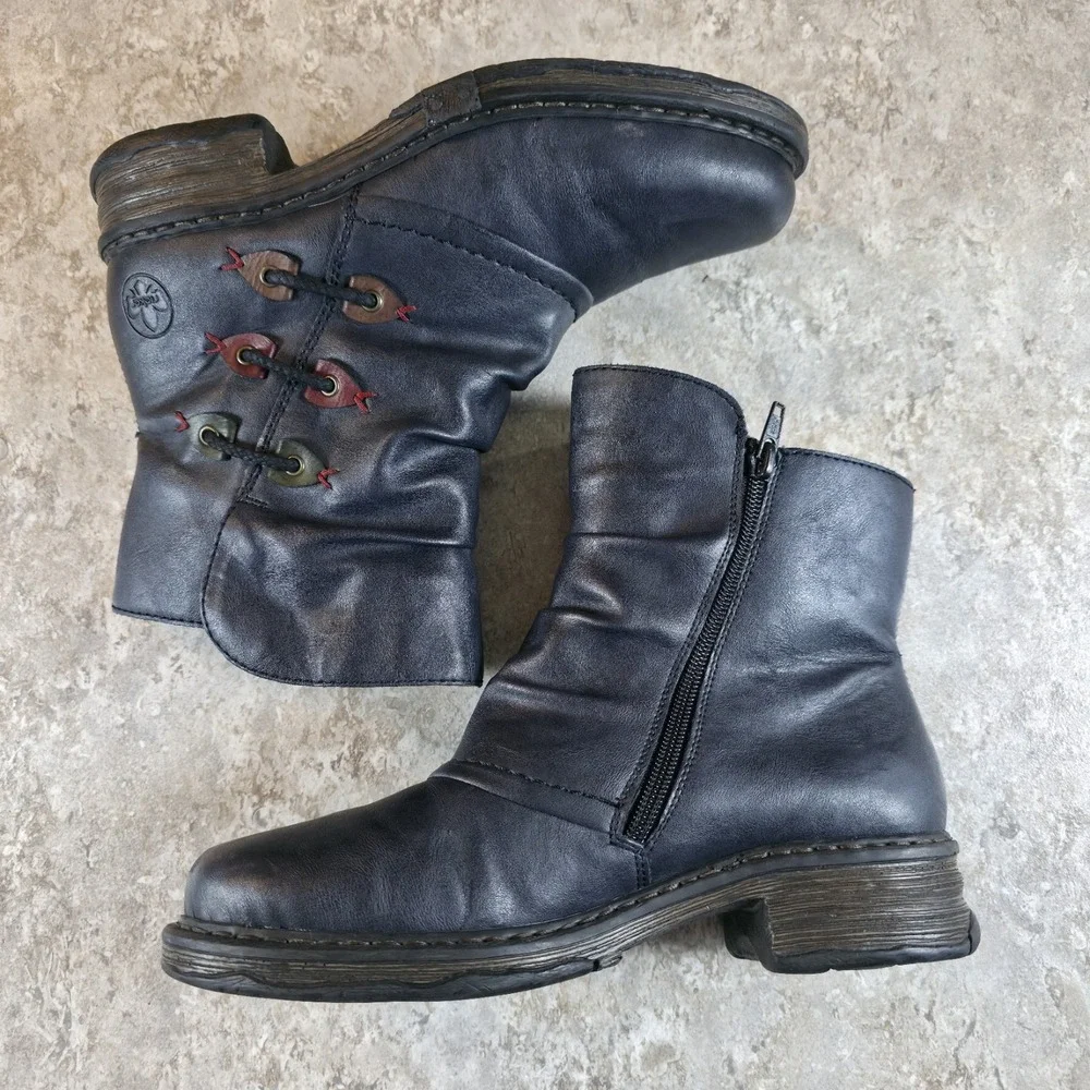 Rieker Navy Leather Moto Ankle Boots Black Red‎ Comfort Sole Size 38 / 7.5 - 8